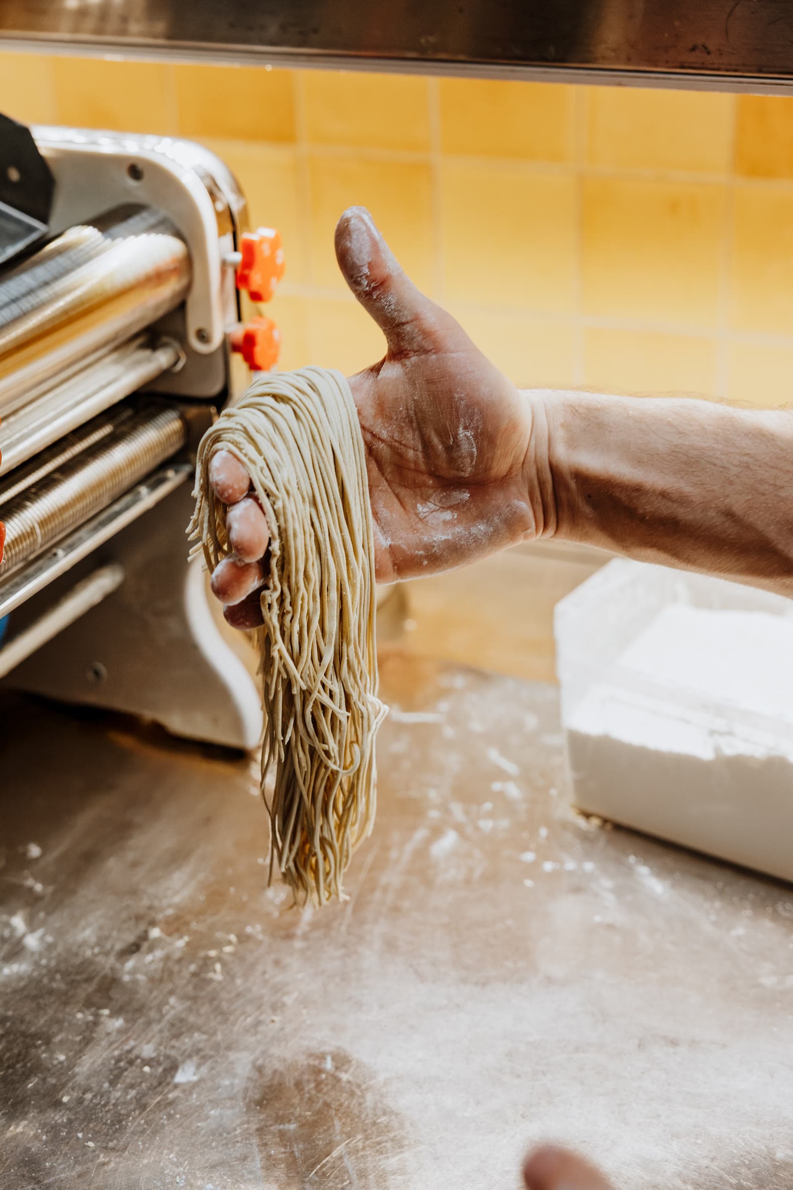 Freshly cut noodles held in hand