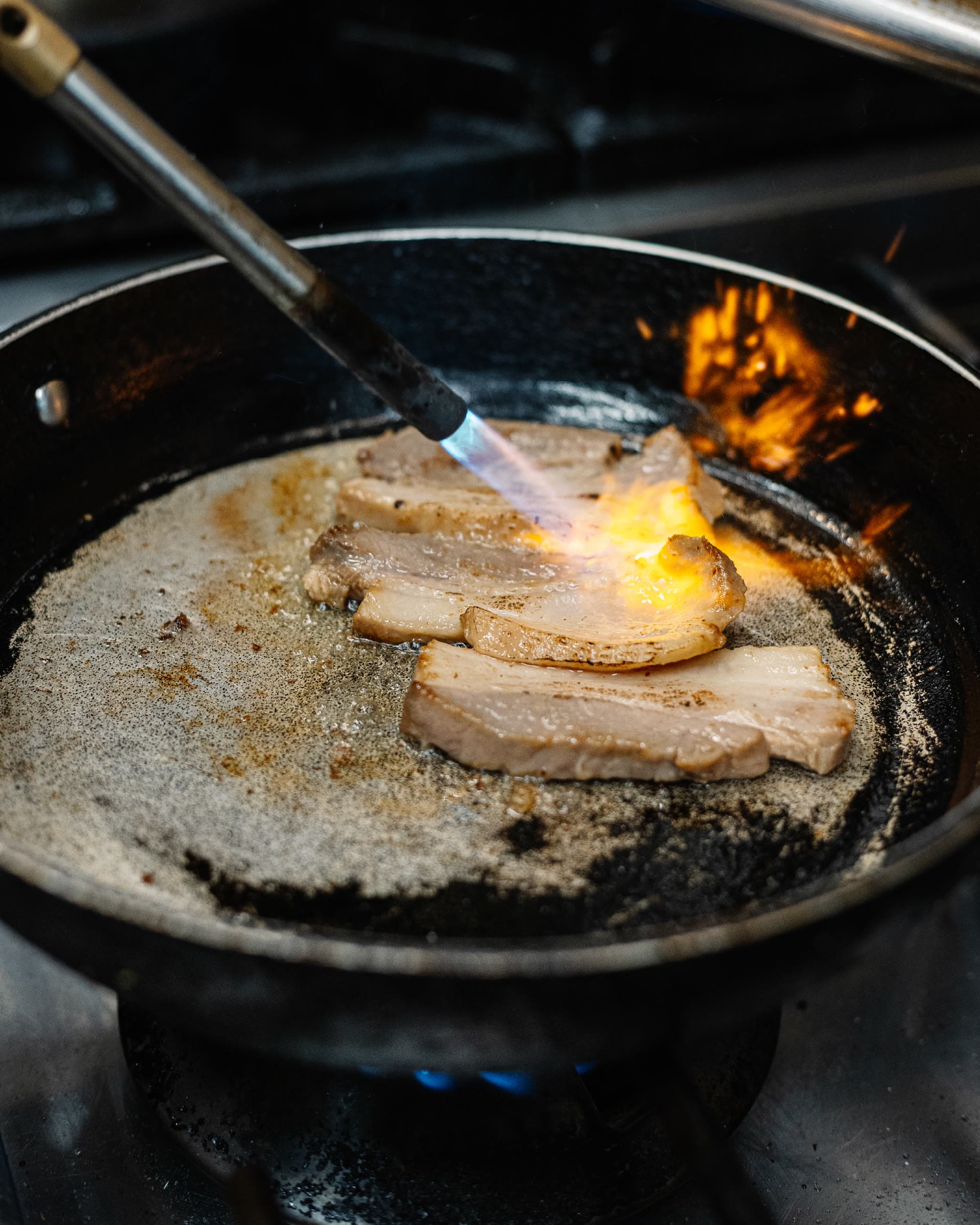 Pork belly finished with a torch